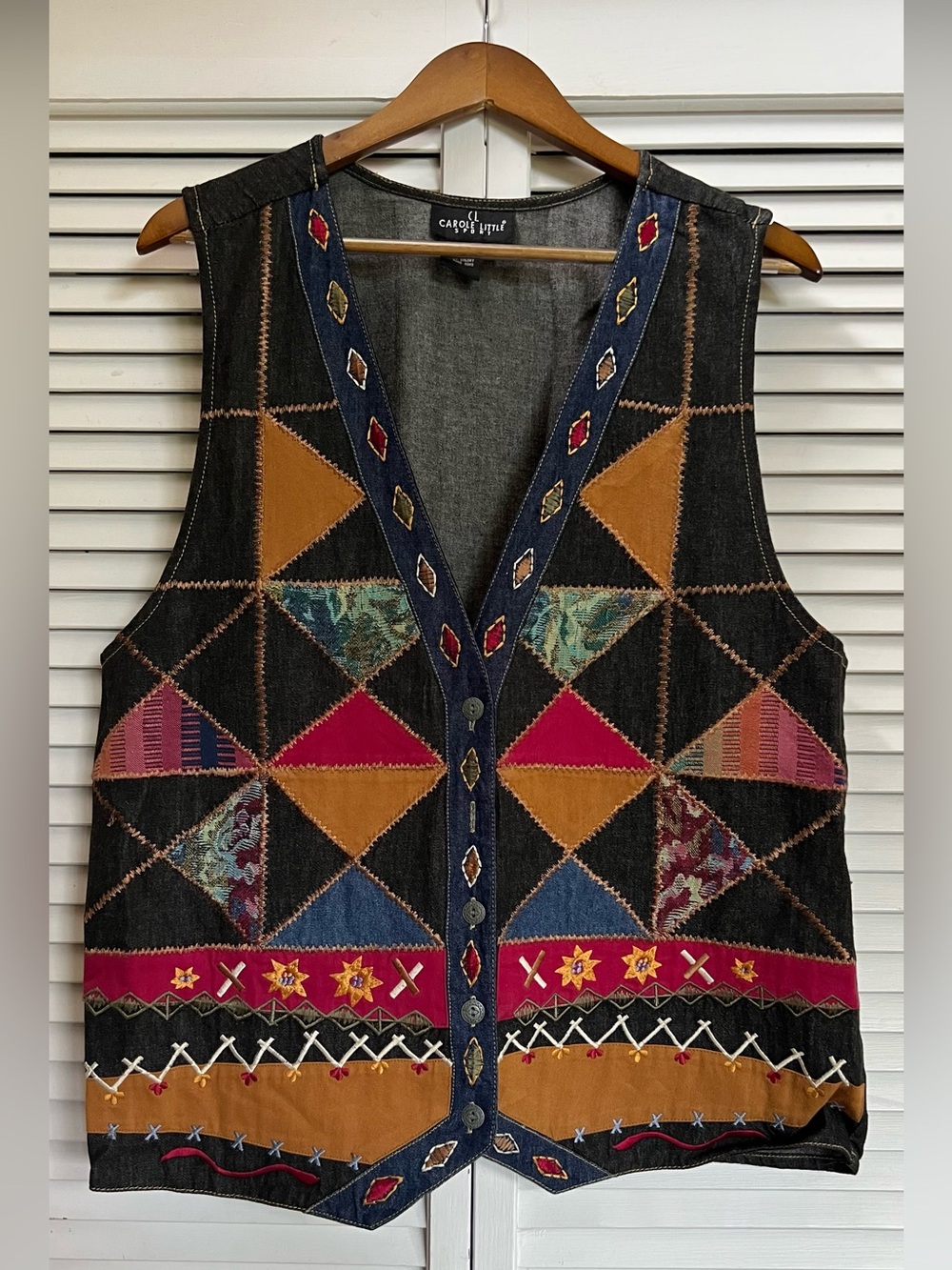 Carole Little Denim Embroidered Patchwork Vest XL Festival Cotagecore Boho EUC